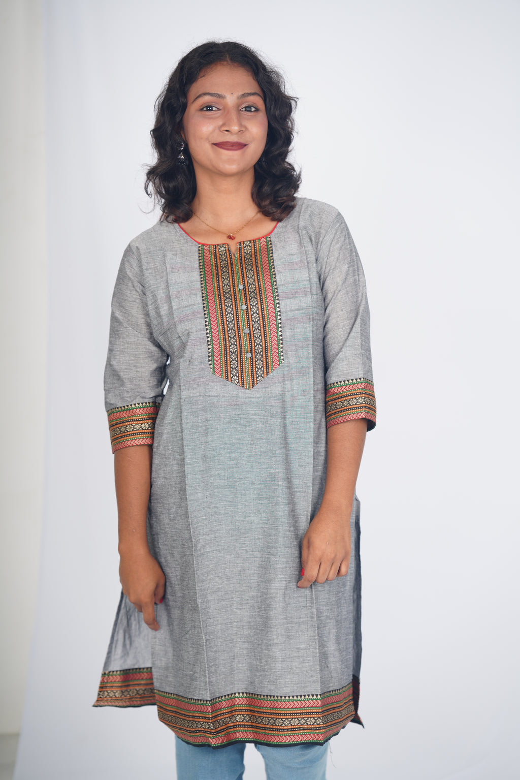Grey Garnet Chettinad Cotton Kurthi